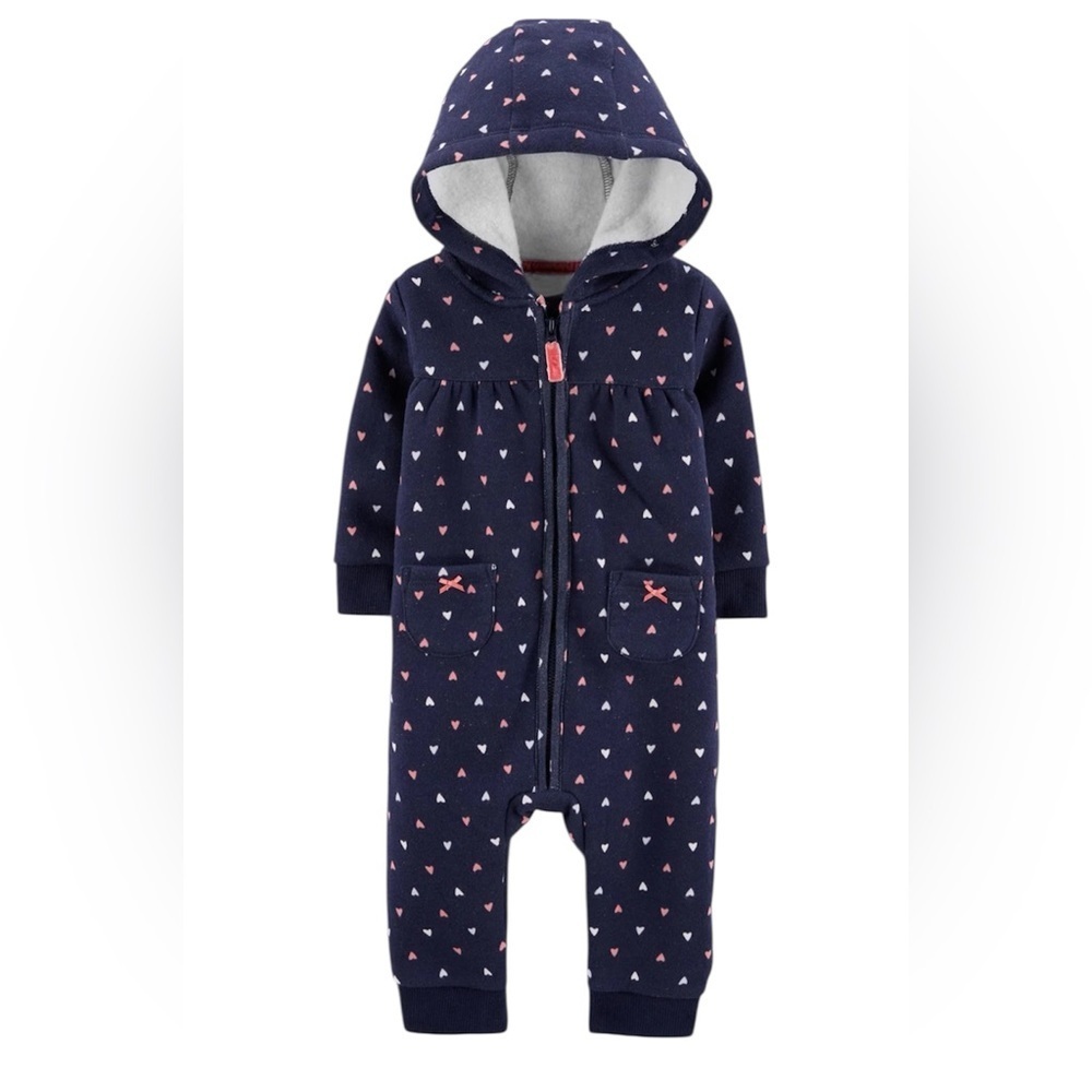 Baby Girls Hooded Fleece Romper cozy winter outfit baby One Piece Hearts Size 9M